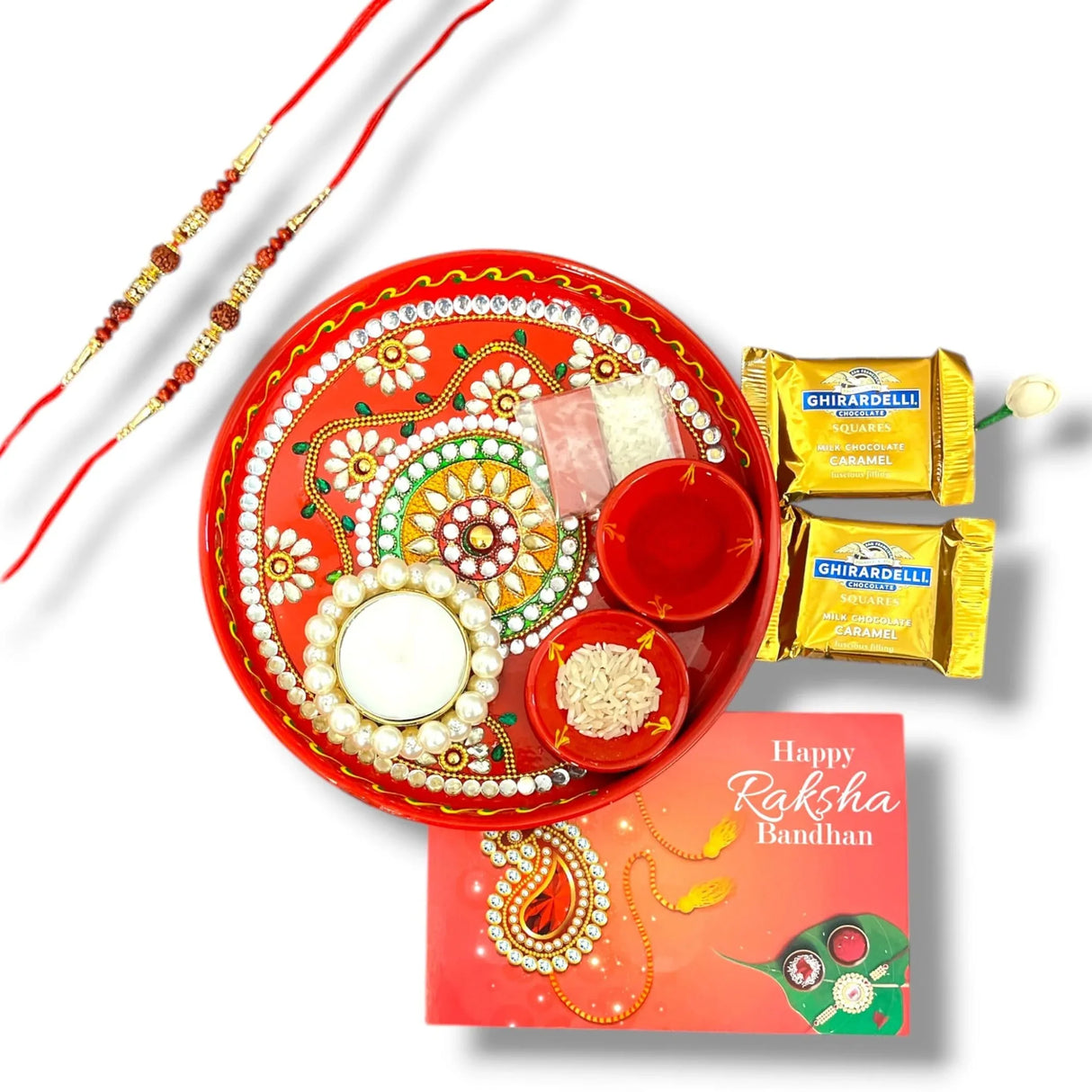 Rakhi Gift Hamper Rakhi for Brother Gift Set - Rakhi Set of 1 with Puja Thali Roli Chawal Candle Holder Sweets Greeting Card - Raksha Bandhan Bracelet Rakhi for Bhai - LoveNspire