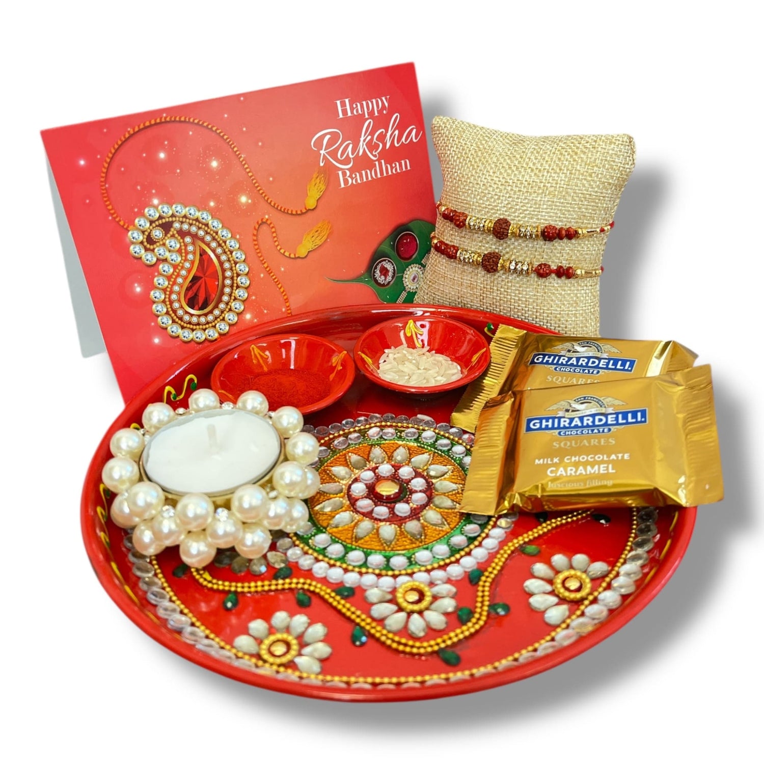 Rakhi Gift Hamper Rakhi for Brother Gift Set - Rakhi Set of 1 with Puja Thali Roli Chawal Candle Holder Sweets Greeting Card - Raksha Bandhan Bracelet Rakhi for Bhai - LoveNspire