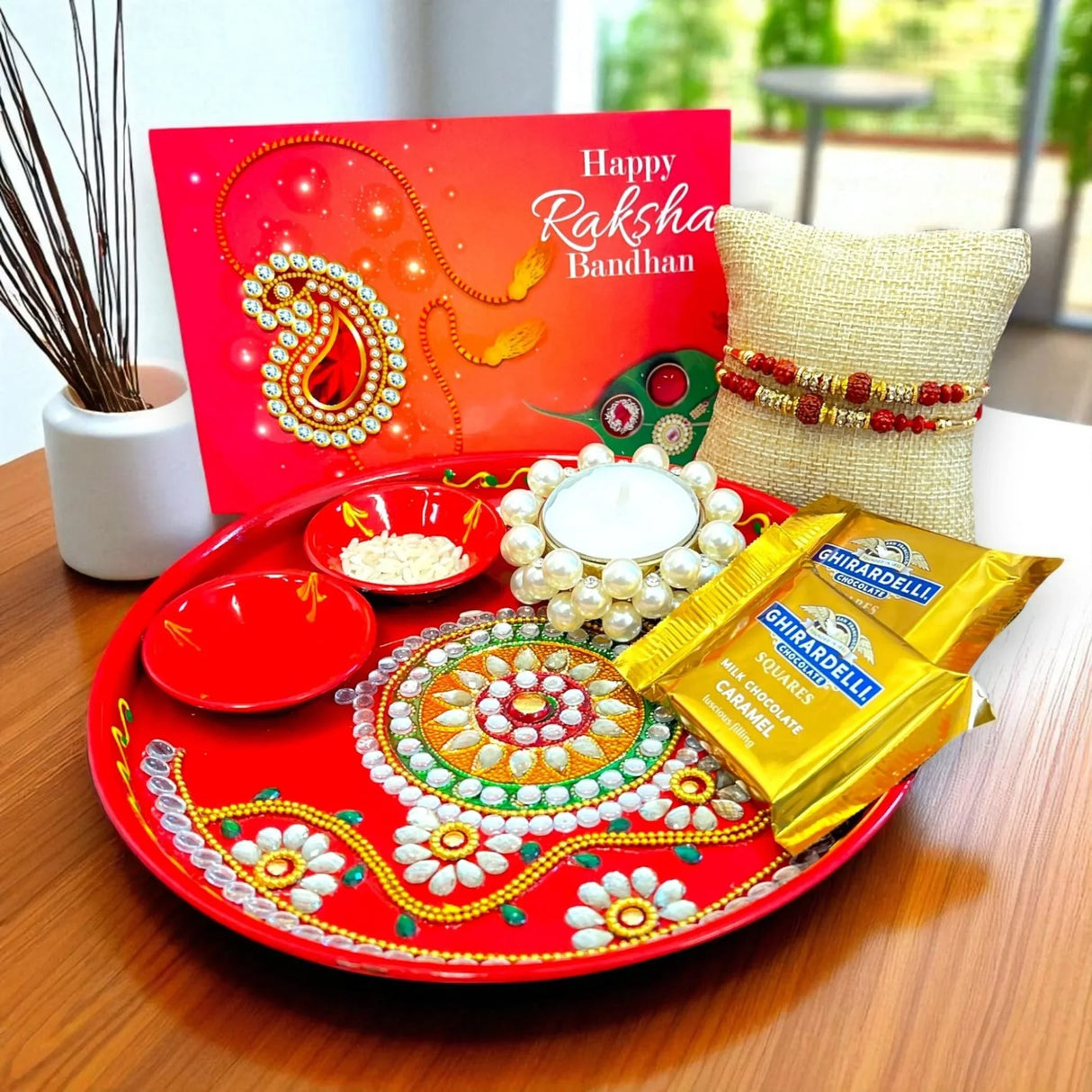 Rakhi Gift Hamper Rakhi for Brother Gift Set - Rakhi Set of 1 with Puja Thali Roli Chawal Candle Holder Sweets Greeting Card - Raksha Bandhan Bracelet Rakhi for Bhai - LoveNspire