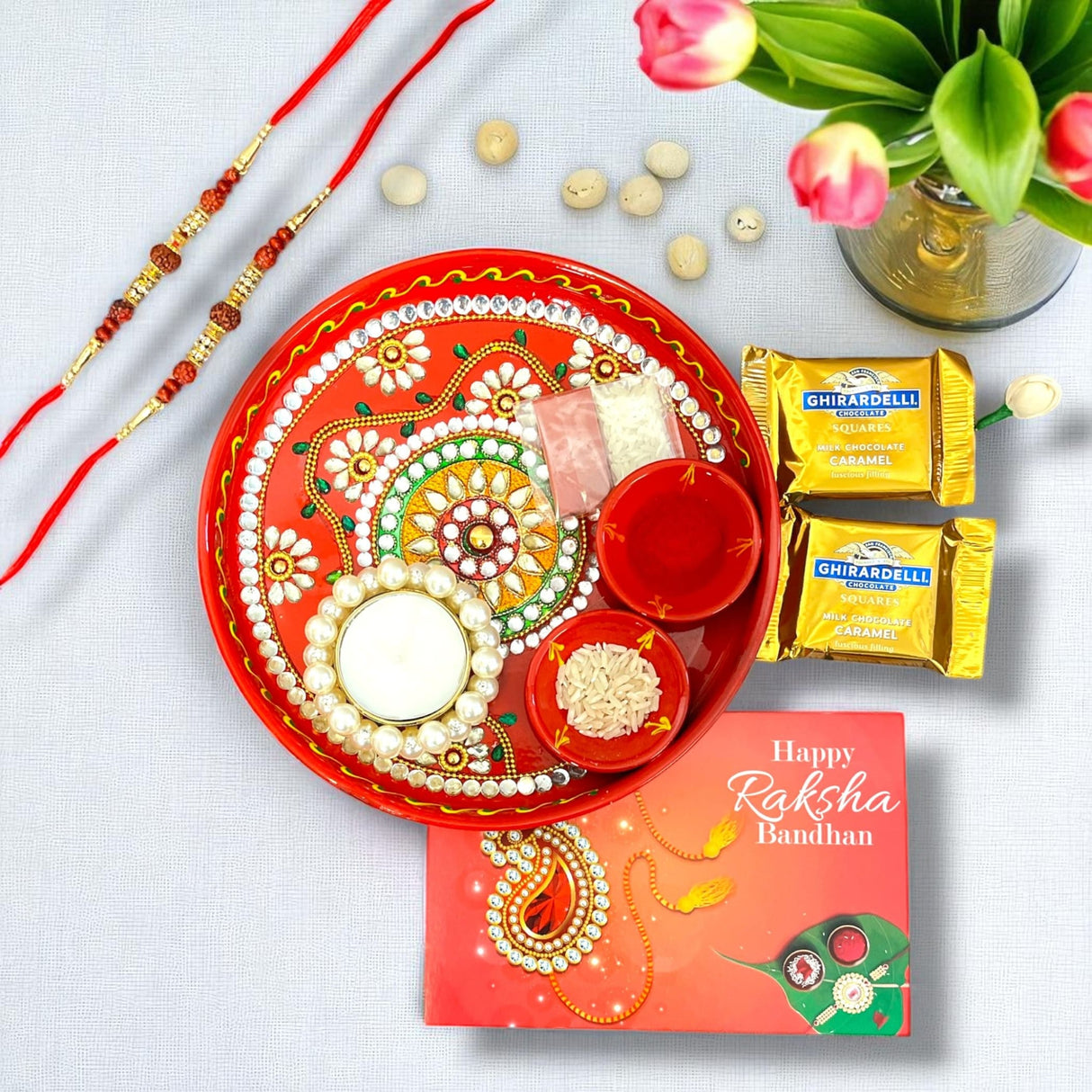 Rakhi Gift Hamper Rakhi for Brother Gift Set - Rakhi Set of 1 with Puja Thali Roli Chawal Candle Holder Sweets Greeting Card - Raksha Bandhan Bracelet Rakhi for Bhai - LoveNspire