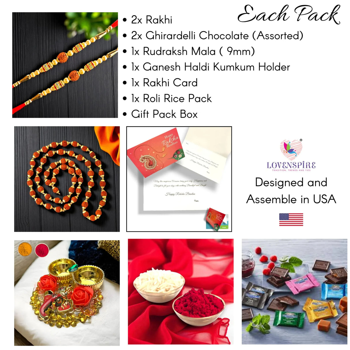 Rakhi Gift Hamper for Brother Set of 2 Rakhi with Rudraksha Mala Haldi Kumkum Holder Roli Chawal Rakshabandhan Card Chocolates with Gift Set - Raksha Bandhan Bracelet for Bhai Bhabhi - LoveNspire