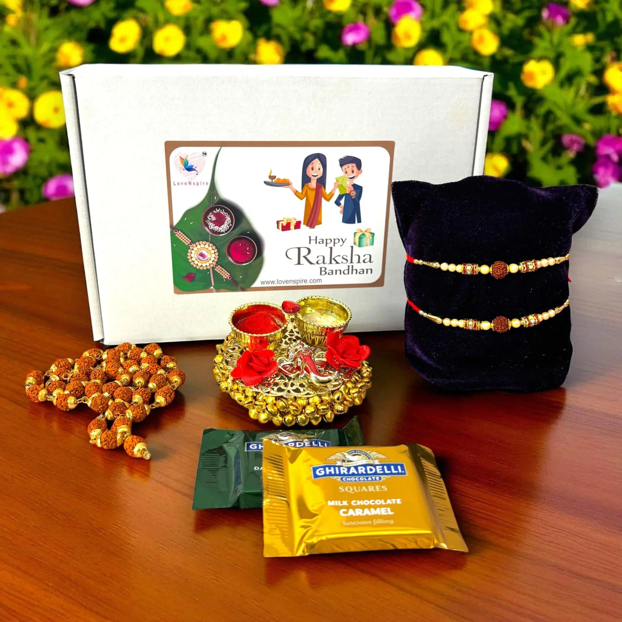 Rakhi Gift Hamper for Brother Set of 2 Rakhi with Rudraksha Mala Haldi Kumkum Holder Roli Chawal Rakshabandhan Card Chocolates with Gift Set - Raksha Bandhan Bracelet for Bhai Bhabhi - LoveNspire