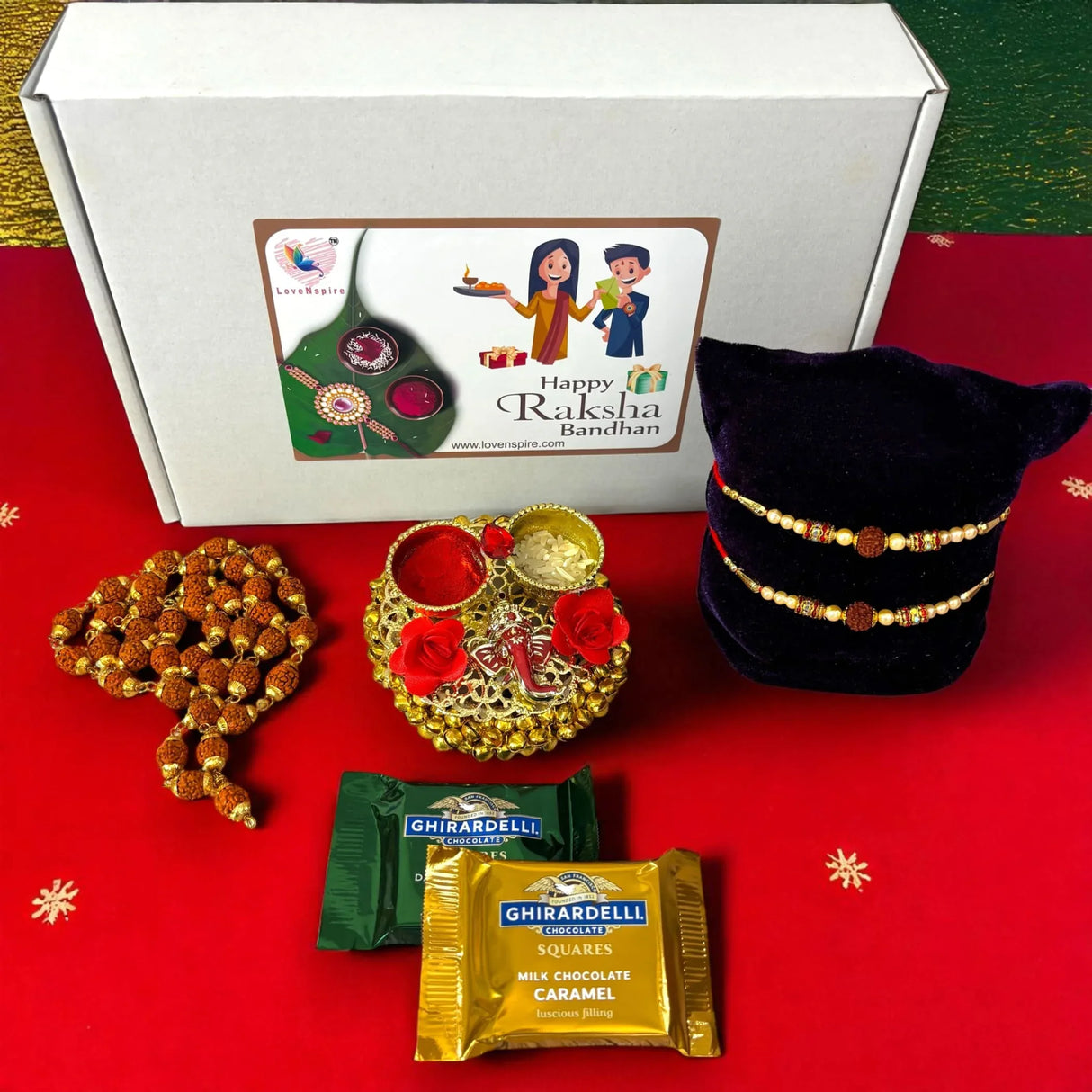 Rakhi Gift Hamper for Brother Set of 2 Rakhi with Rudraksha Mala Haldi Kumkum Holder Roli Chawal Rakshabandhan Card Chocolates with Gift Set - Raksha Bandhan Bracelet for Bhai Bhabhi - LoveNspire