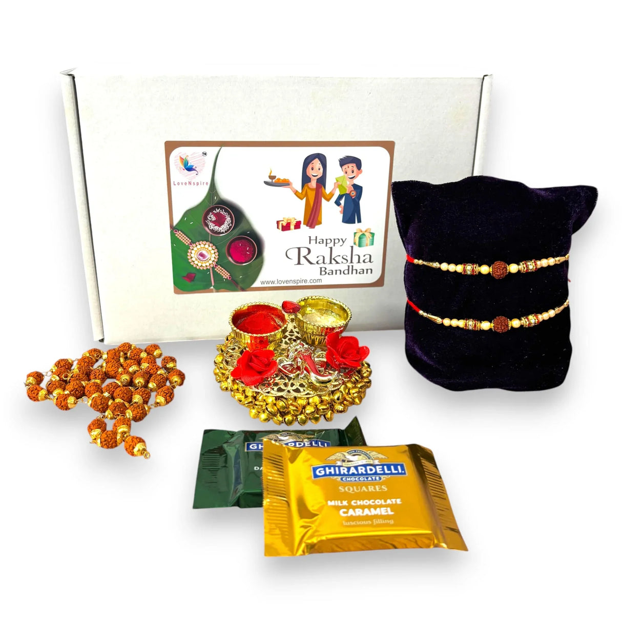 Rakhi Gift Hamper for Brother Set of 2 Rakhi with Rudraksha Mala Haldi Kumkum Holder Roli Chawal Rakshabandhan Card Chocolates with Gift Set - Raksha Bandhan Bracelet for Bhai Bhabhi - LoveNspire