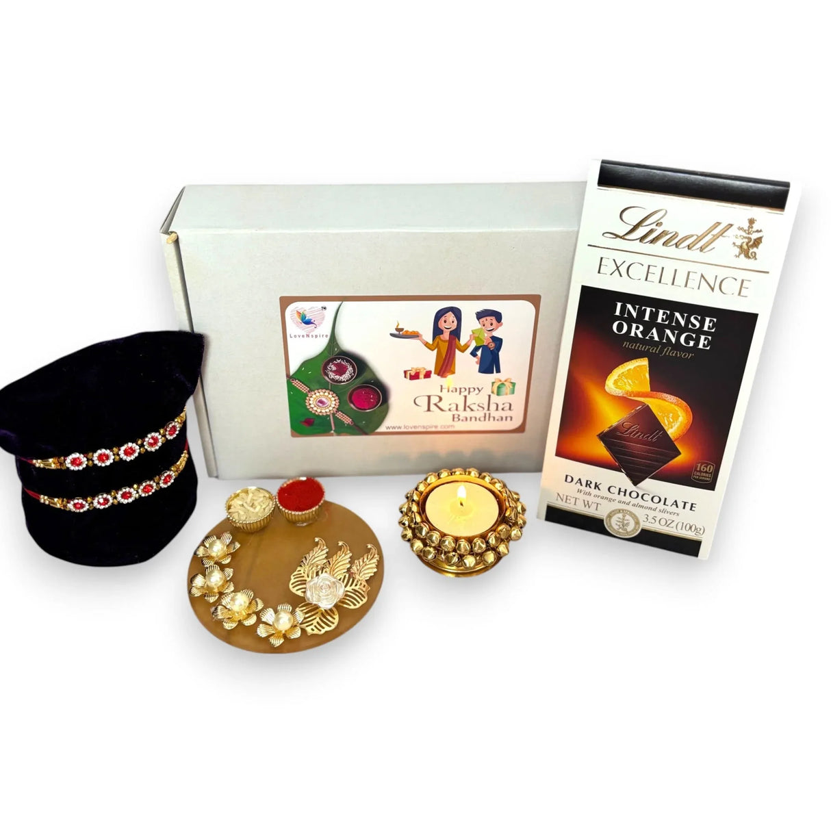 Rakhi Gift Hamper for Brother Set of 2 Rakhi with Tealight Candle Holder Haldi Kumkum Plate Roli Chawal Rakshabandhan Card Chocolates with Gift Pack - Bracelets for Bhai Bhabhi - LoveNspire