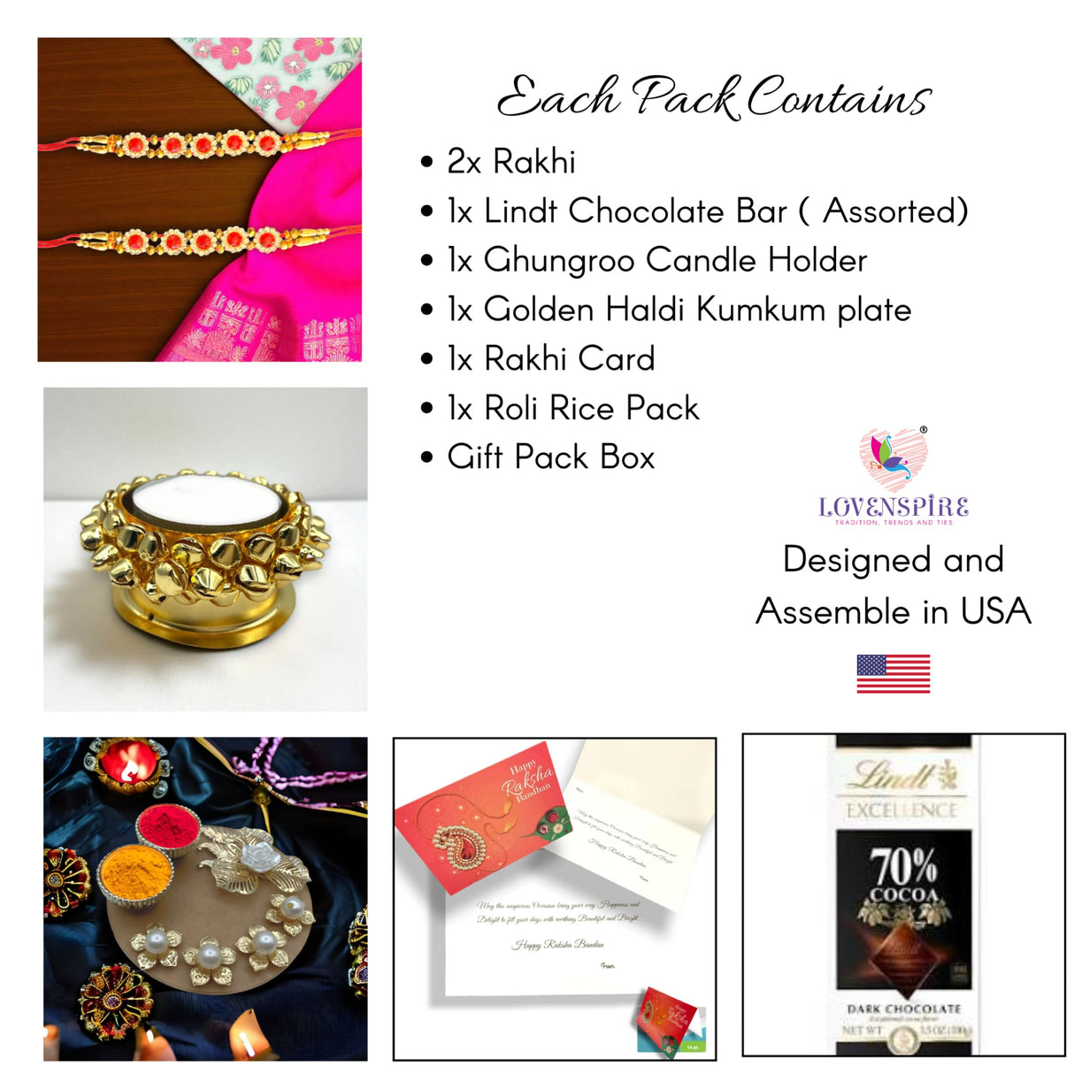 Image displaying Rakhi gift pack contents including Rakhi, chocolates, candle holder, and card