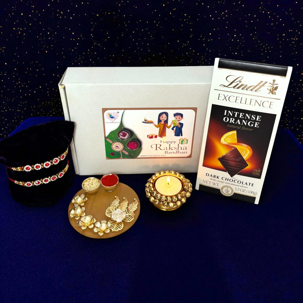 Rakhi Gift Hamper for Brother Set of 2 Rakhi with Tealight Candle Holder Haldi Kumkum Plate Roli Chawal Rakshabandhan Card Chocolates with Gift Pack - Bracelets for Bhai Bhabhi - LoveNspire