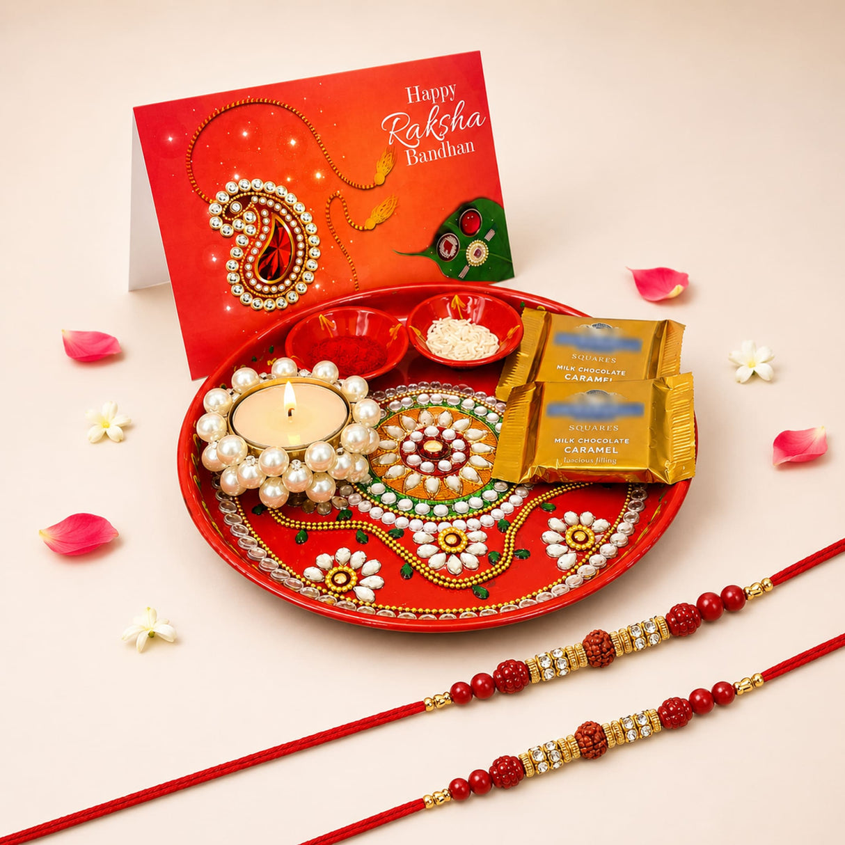 Red decorative pooja thali plate with intricate white green and gold floral patterns in raksha bandhan gift hamper set