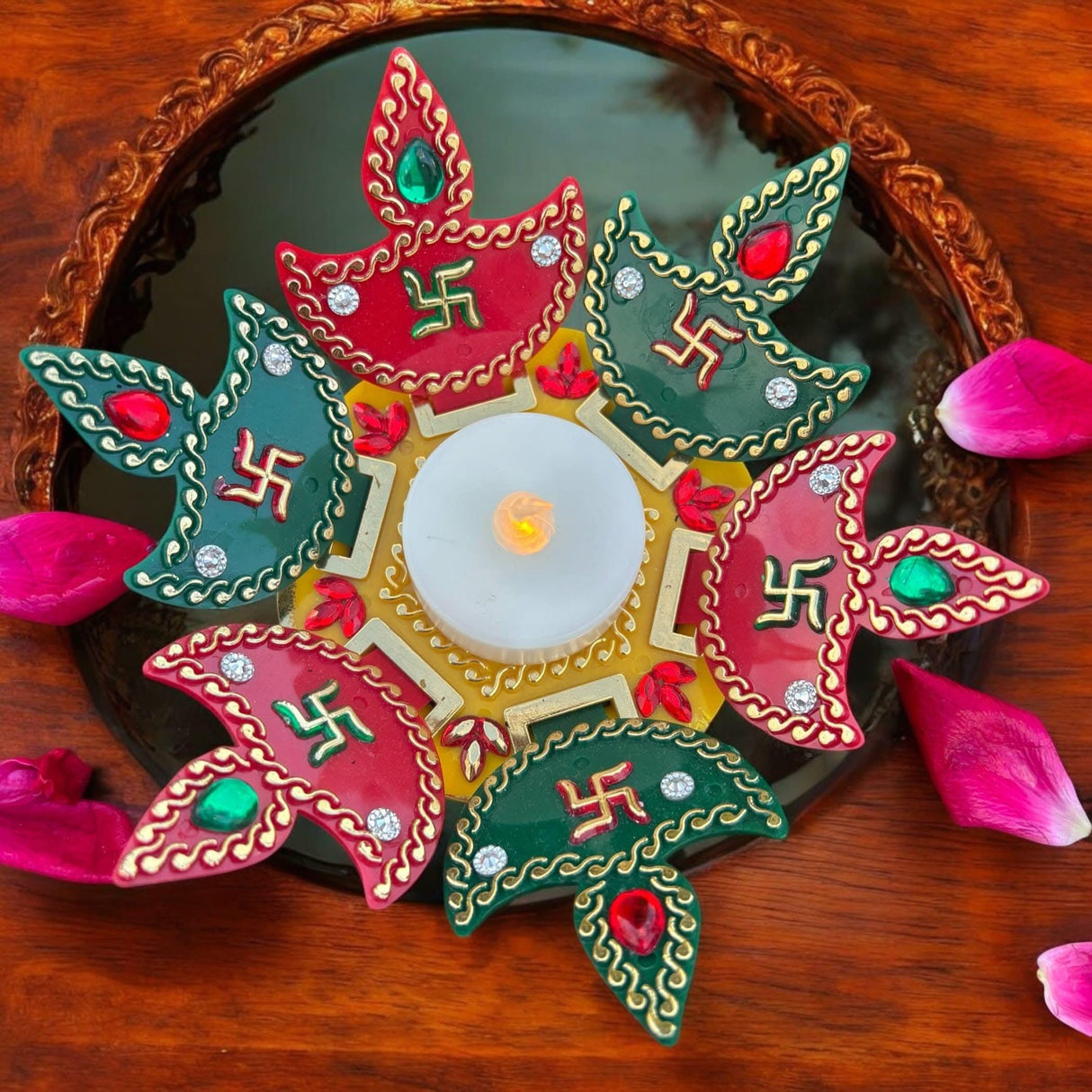 Rangoli Diya Set Decorative Diwali Diya with Tea Light Candle Rangoli Decor Indian Indoor Home Mandir Office Temple Deepawali Decor Dia Housewarming Return Gift - LoveNspire