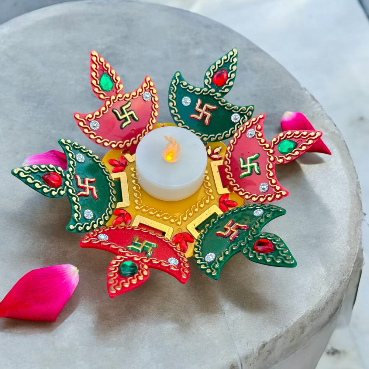Rangoli Diya Set Decorative Diwali Diya with Tea Light Candle Rangoli Decor Indian Indoor Home Mandir Office Temple Deepawali Decor Dia Housewarming Return Gift - LoveNspire