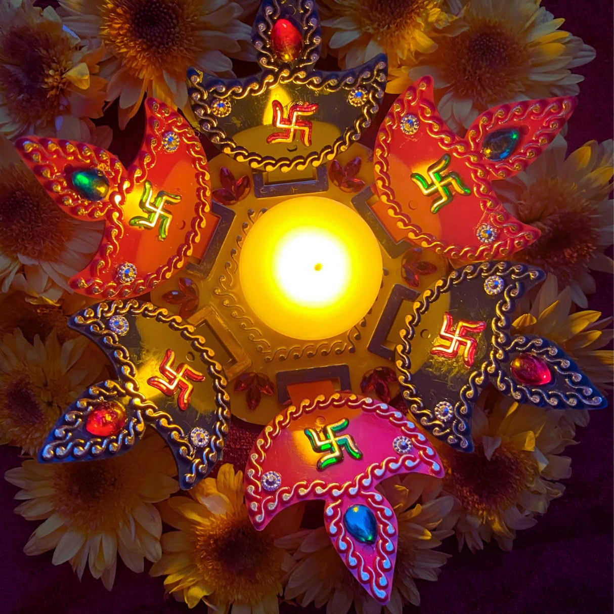 Rangoli Diya Set Decorative Diwali Diya with Tea Light Candle Rangoli Decor Indian Indoor Home Mandir Office Temple Deepawali Decor Dia Housewarming Return Gift - LoveNspire