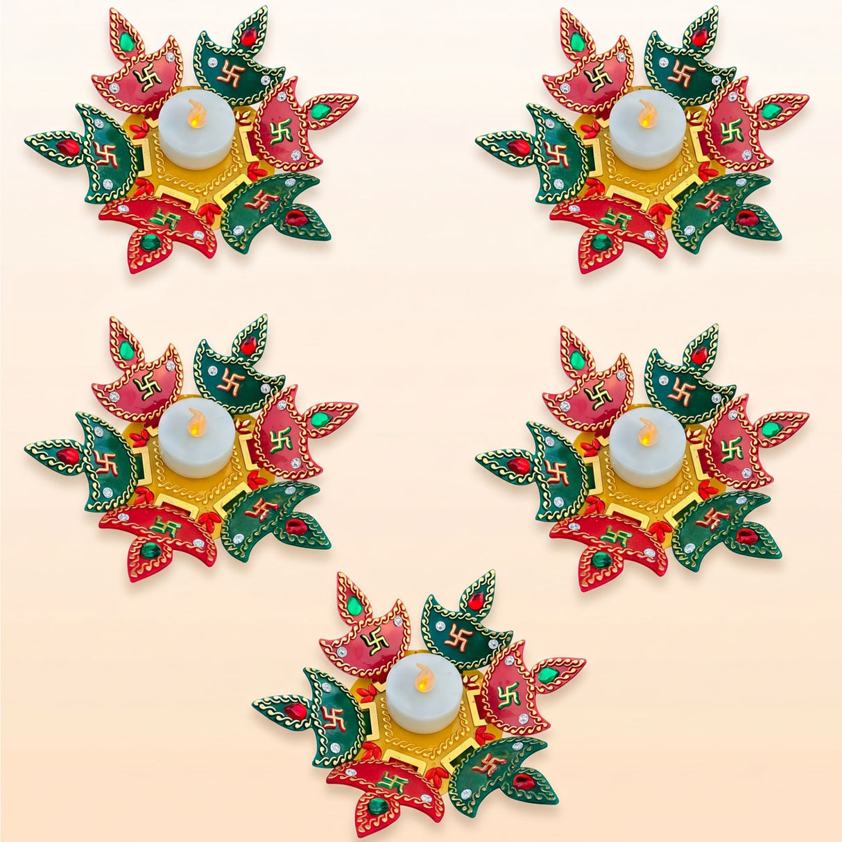 Colorful rangoli diya set with red green gold accents and intricate swastika patterns for diwali decor and gifts