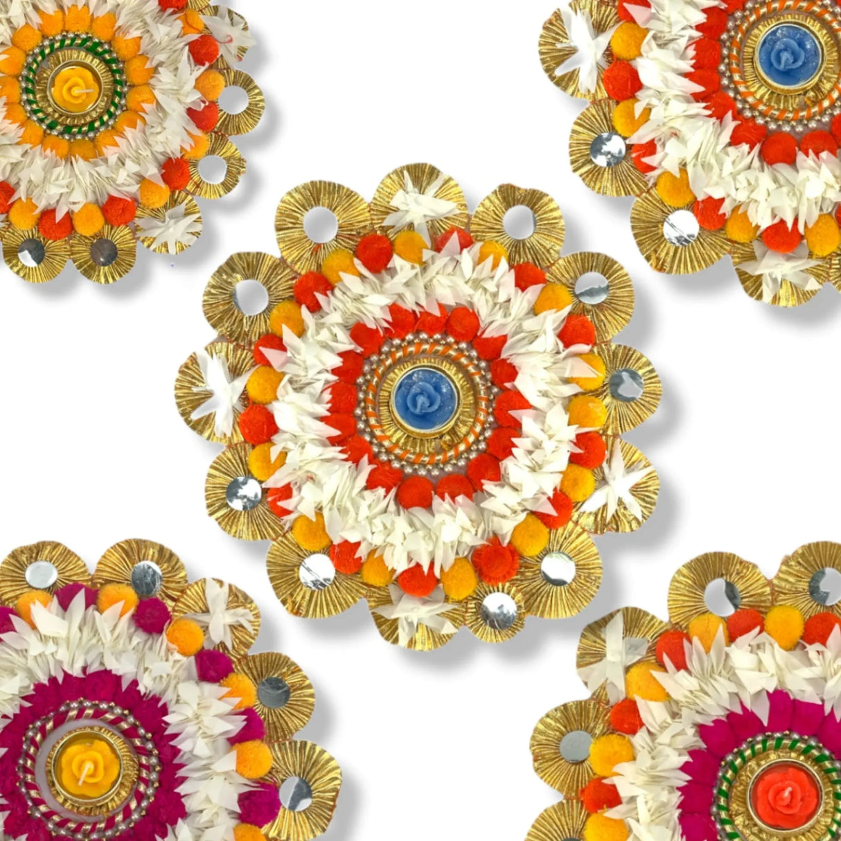 Rangoli Mat Candle Holders Festival of Light Decorative T-light Candle Stand for Diwali Christmas Thanksgiving Hanukkah Gift Pompom Rangoli for Centerpiece Dining Table Home Decor - LoveNspire
