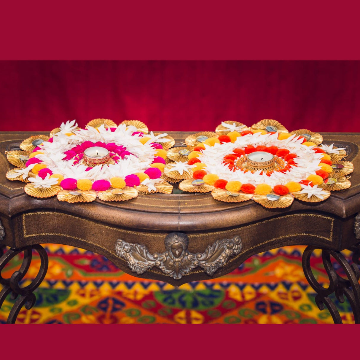 Rangoli Mat Candle Holders Festival of Light Decorative T-light Candle Stand for Diwali Christmas Thanksgiving Hanukkah Gift Pompom Rangoli for Centerpiece Dining Table Home Decor - LoveNspire