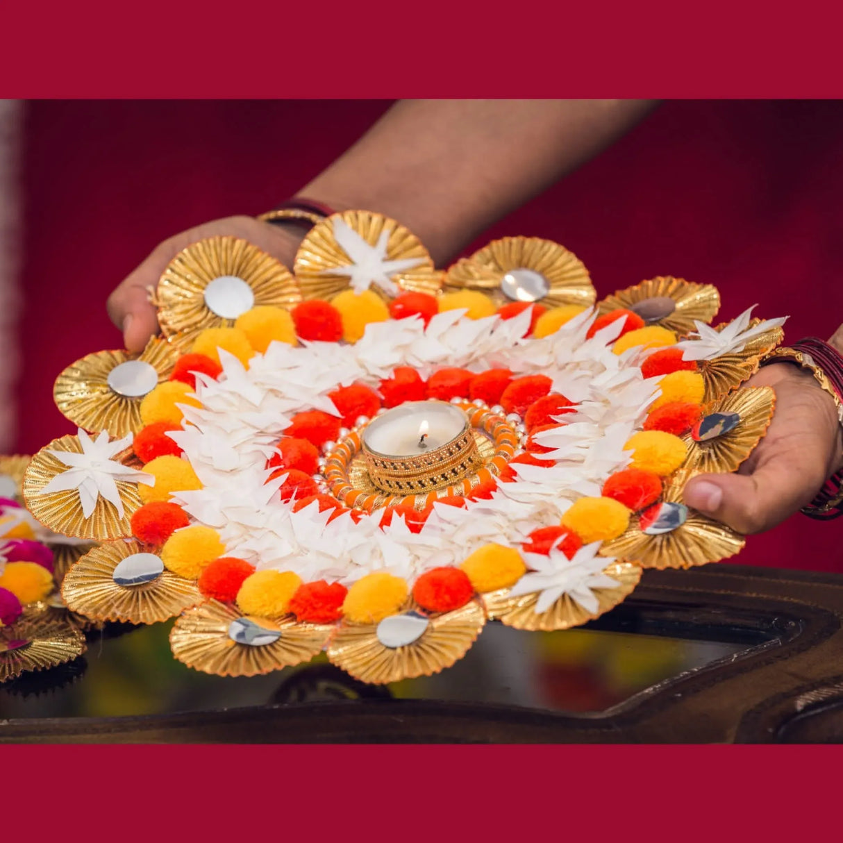 Rangoli Mat Candle Holders Festival of Light Decorative T-light Candle Stand for Diwali Christmas Thanksgiving Hanukkah Gift Pompom Rangoli for Centerpiece Dining Table Home Decor - LoveNspire