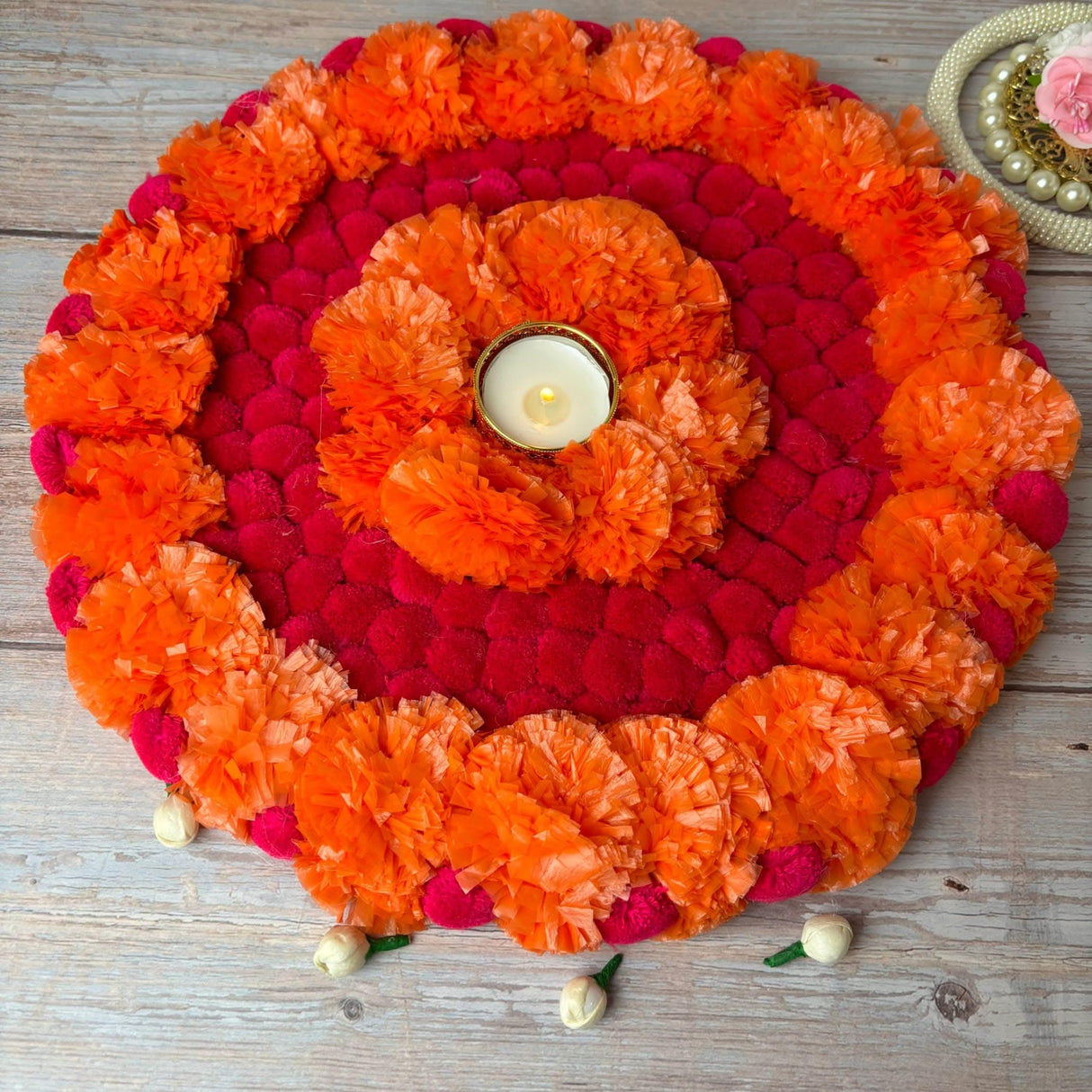 Rangoli Mat Diwali Decor Round Tea Light Holders Artificial Marigold Flowers Pompom Decorative Home Pooja Temple Decor Housewarming Return Gift Day of the Dead Dia De Los Muertos Ofrenda - LoveNspire