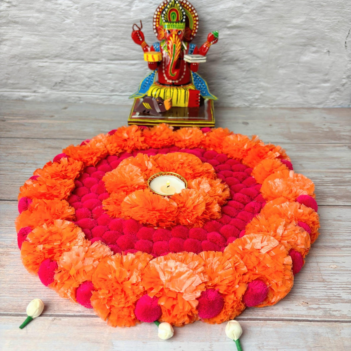Rangoli Mat Diwali Decor Round Tea Light Holders Artificial Marigold Flowers Pompom Decorative Home Pooja Temple Decor Housewarming Return Gift Day of the Dead Dia De Los Muertos Ofrenda - LoveNspire