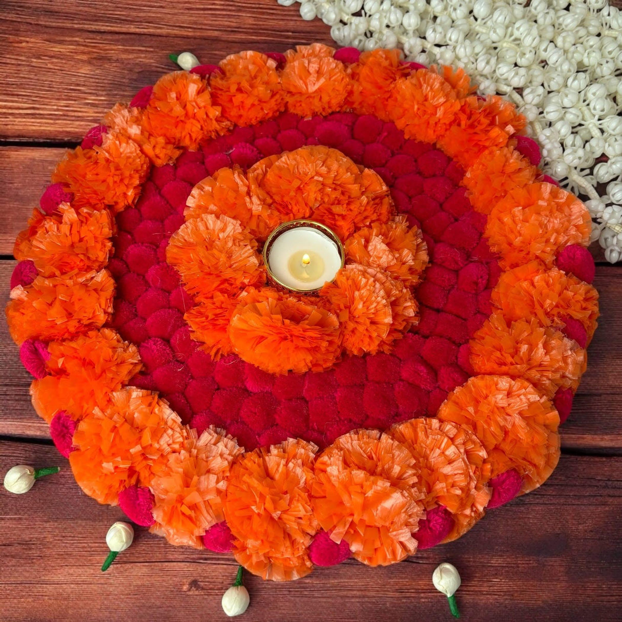 Rangoli Mat Diwali Decor Round Tea Light Holders Artificial Marigold Flowers Pompom Decorative Home Pooja Temple Decor Housewarming Return Gift Day of the Dead Dia De Los Muertos Ofrenda - LoveNspire