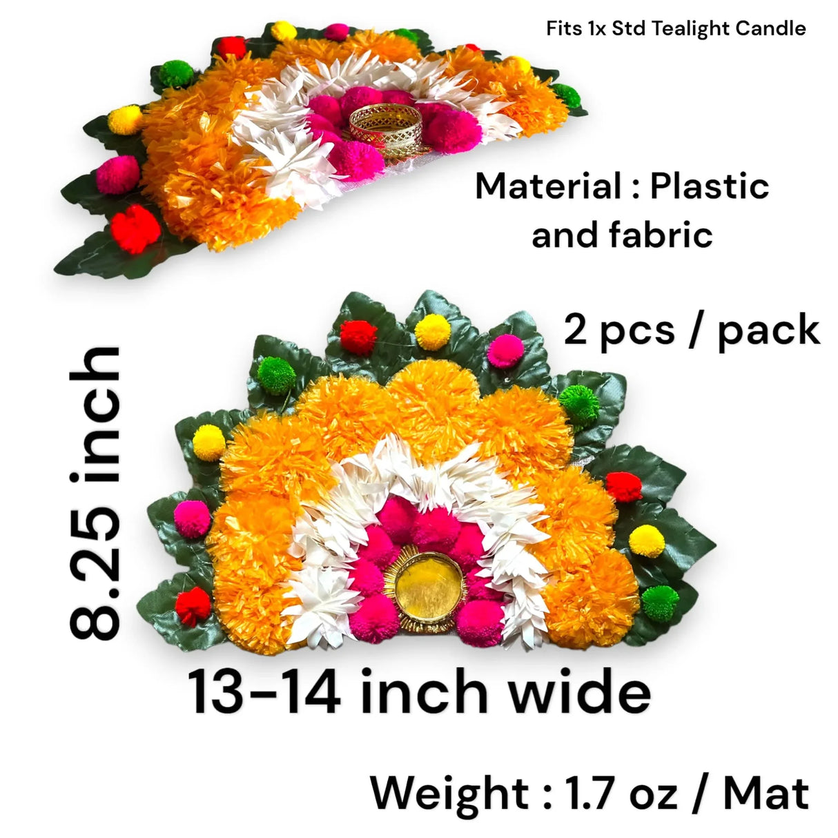 2 Ct Rangoli Mat Diwali Decor Semi Circle Tea Light Holders Artificial Leaf Marigold Flowers Decorative Home Pooja Temple Decor Housewarming Return Gift Day of the Dead Dia De Los Muertos - LoveNspire