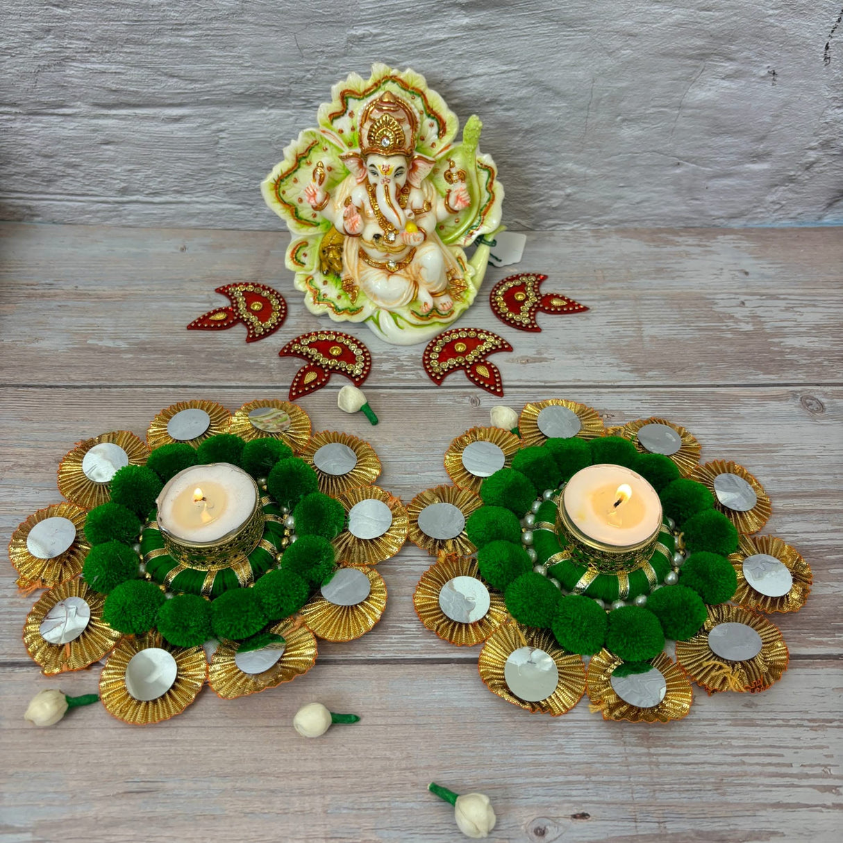 2 Ct Rangoli Mat with Tea Light Candle Holder for Diwali Christmas Onam Pongal Decorations Pompom Rangoli Floor Home Temple Table Decor - Indian Traditional Deepawali Housewarming Gift (2 Pcs) - LoveNspire