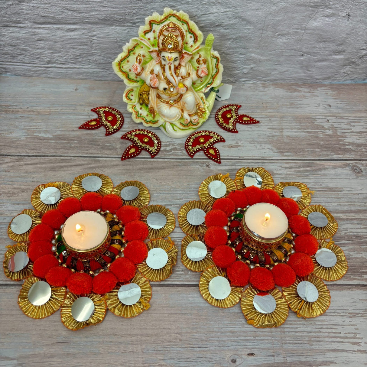 2 Ct Rangoli Mat with Tea Light Candle Holder for Diwali Christmas Onam Pongal Decorations Pompom Rangoli Floor Home Temple Table Decor - Indian Traditional Deepawali Housewarming Gift (2 Pcs) - LoveNspire