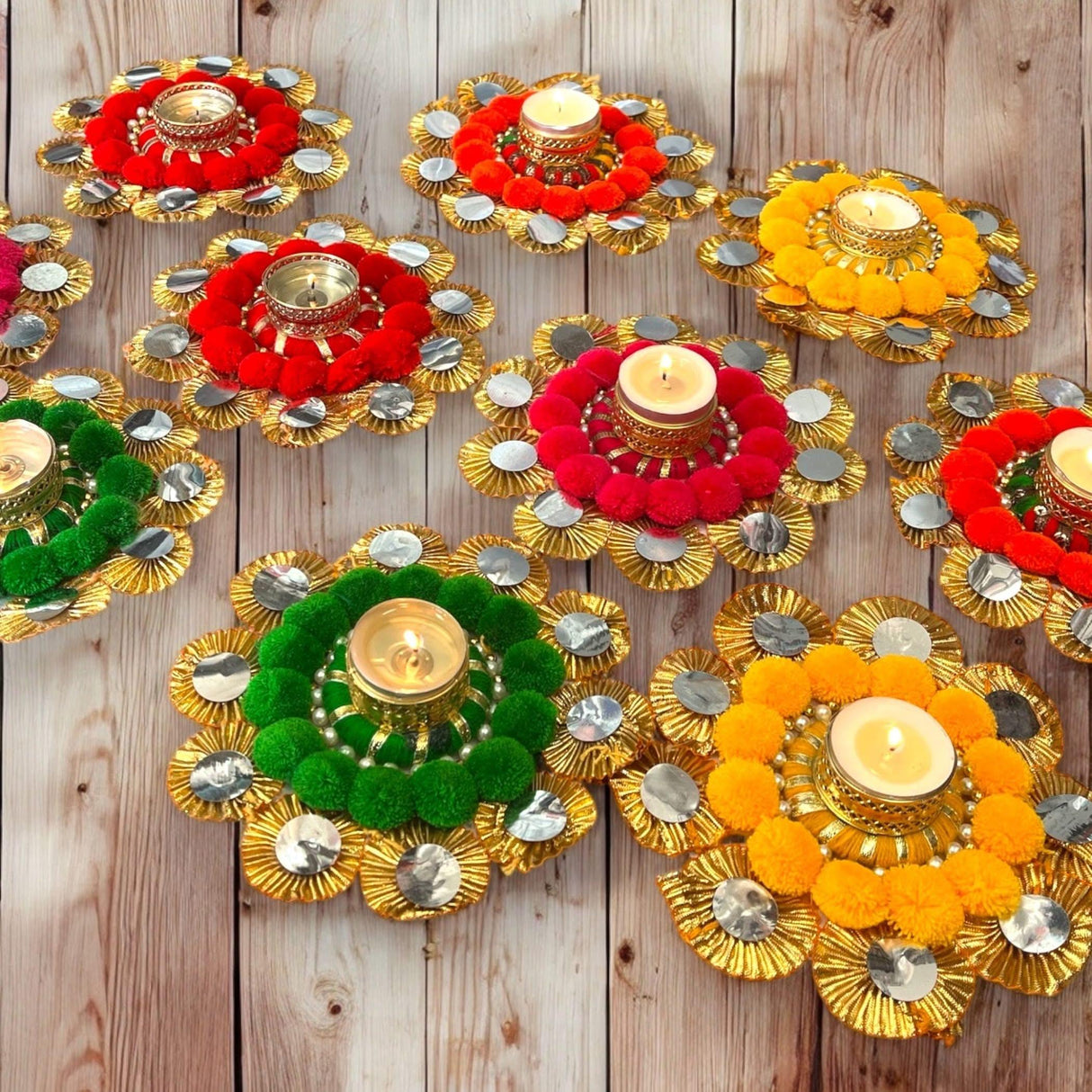 2 Ct Rangoli Mat with Tea Light Candle Holder for Diwali Christmas Onam Pongal Decorations Pompom Rangoli Floor Home Temple Table Decor - Indian Traditional Deepawali Housewarming Gift (2 Pcs) - LoveNspire