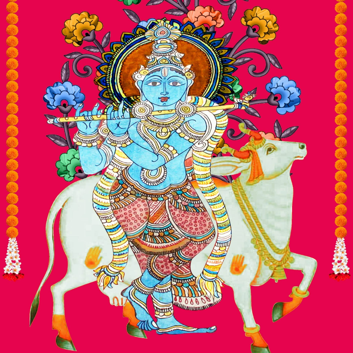 Krishna with Cow Backdrop Indian Traditional Rani Cloth 5x8 Feet Backdrop Pooja Wall Decor Indian Wall Art Photo Decor Banner Indian Wedding Favor Decorative Cloth - LoveNspire