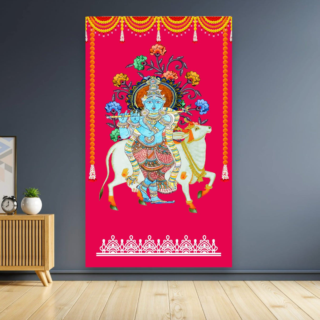 Krishna with Cow Backdrop Indian Traditional Rani Cloth 5x8 Feet Backdrop Pooja Wall Decor Indian Wall Art Photo Decor Banner Indian Wedding Favor Decorative Cloth - LoveNspire