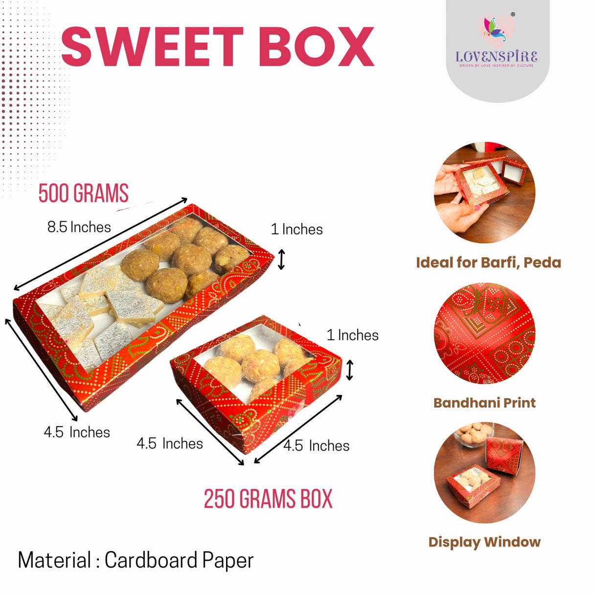 Sweet Boxes for Indian Sweets Red Bandhani Empty Mithai Box for Cookies Goodies Candy Handmade Bulk Gift Boxes - Favor Boxes for Wedding Pooja Baby Shower Housewarming Return Gifts - LoveNspire