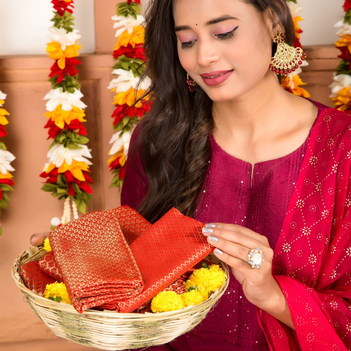 Red Jelly Unstitched Saree Blouse Pieces Woven Brocade Fabric for Women - Return Gifts for Teej Pooja Housewarming - LoveNspire