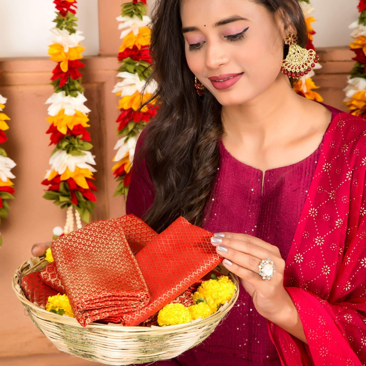 Red Jelly Unstitched Saree Blouse Pieces Woven Brocade Fabric for Women - Return Gifts for Teej Pooja Housewarming - LoveNspire