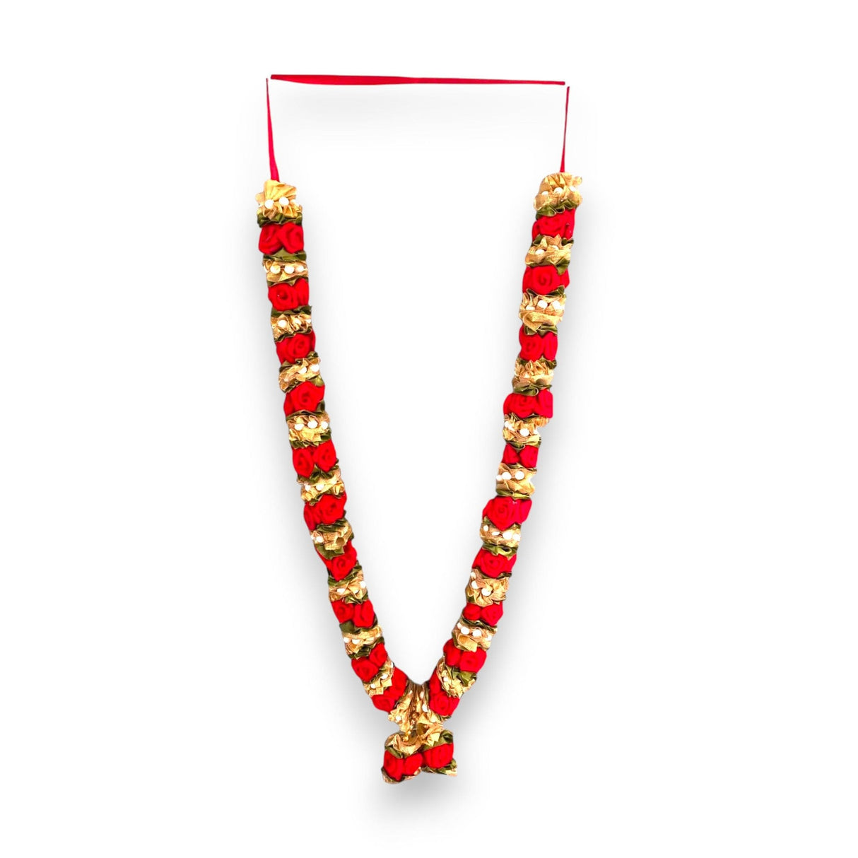 Vibrant red gold Varmala wedding garland with velvet petals ribbon