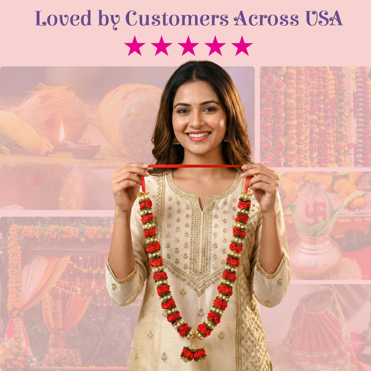Vibrant red velvet varmala garland with golden beads, worn by smiling woman in traditional attire