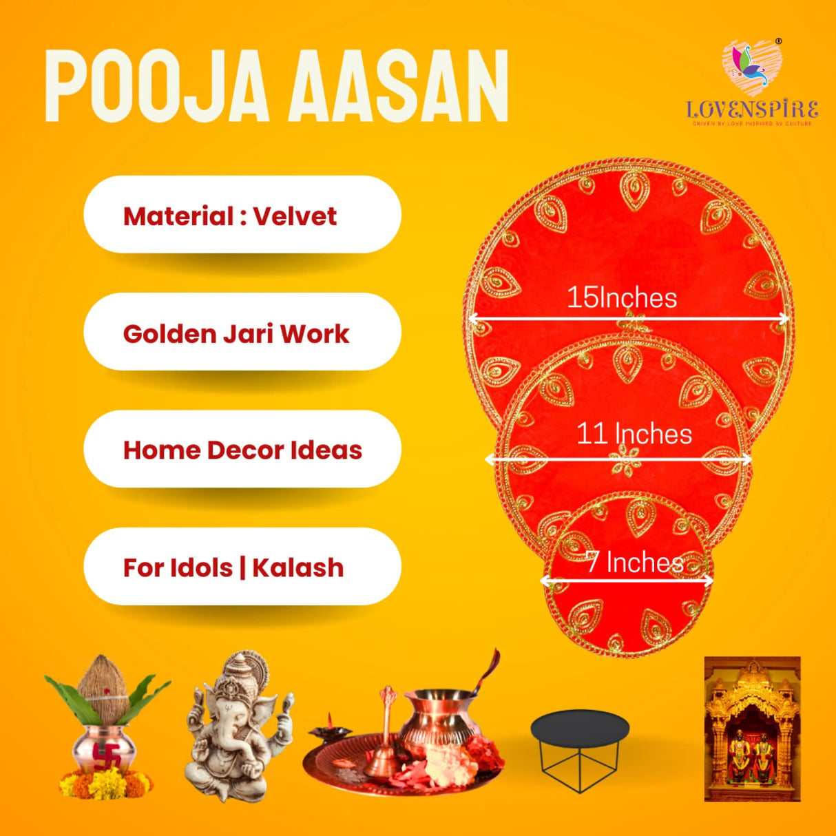Red Velvet Pooja Mat Aasan Decorative Cloth for God Goddess Idol Puja Asan Mandir Temple Home Office Decor Base Chowki Indian Festival Diwali Decorations Item - Housewarming Gift - LoveNspire