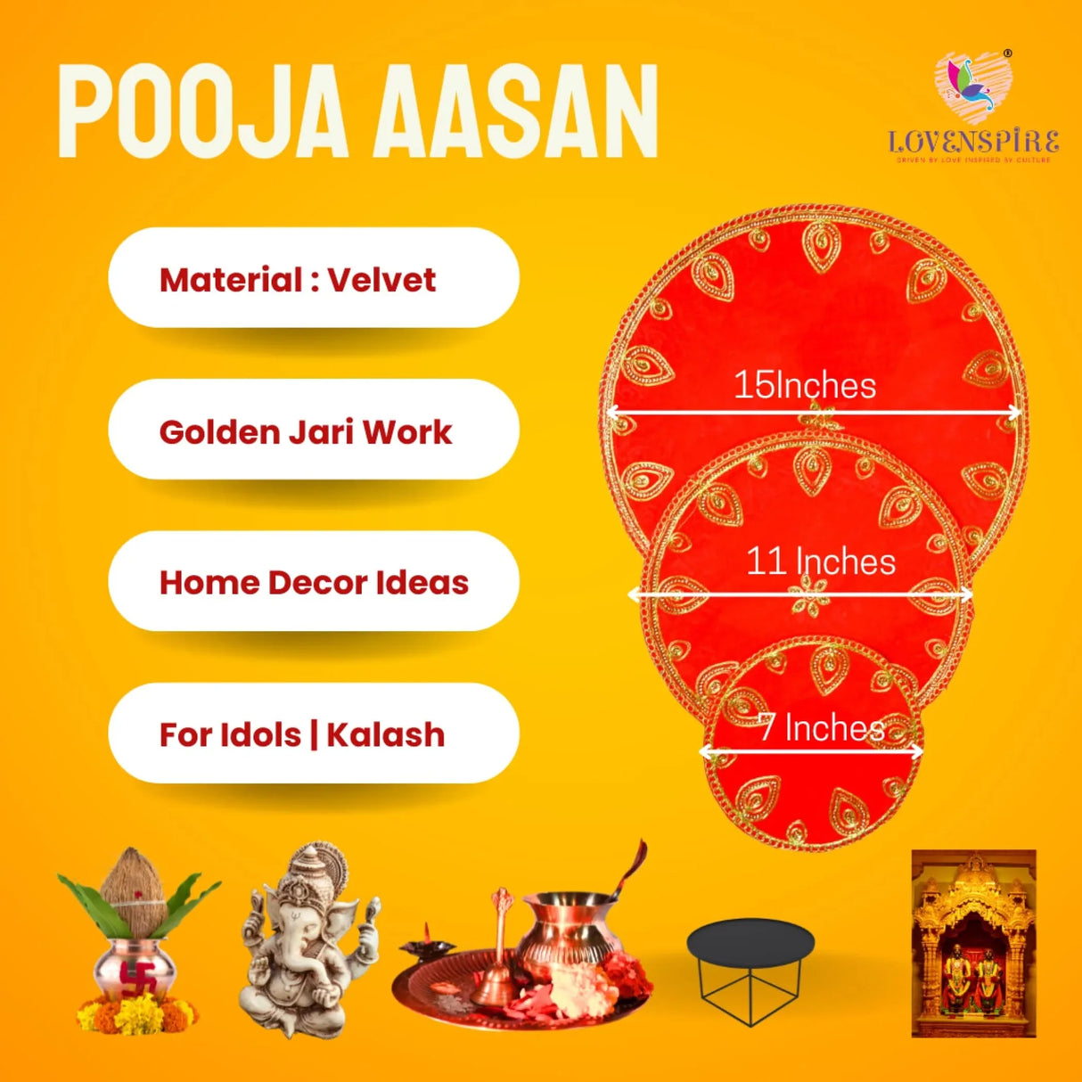 Red Velvet Pooja Mat Aasan Decorative Cloth for God Goddess Idol Puja Asan Mandir Temple Home Office Decor Base Chowki Indian Festival Diwali Decorations Item - Housewarming Gift - LoveNspire