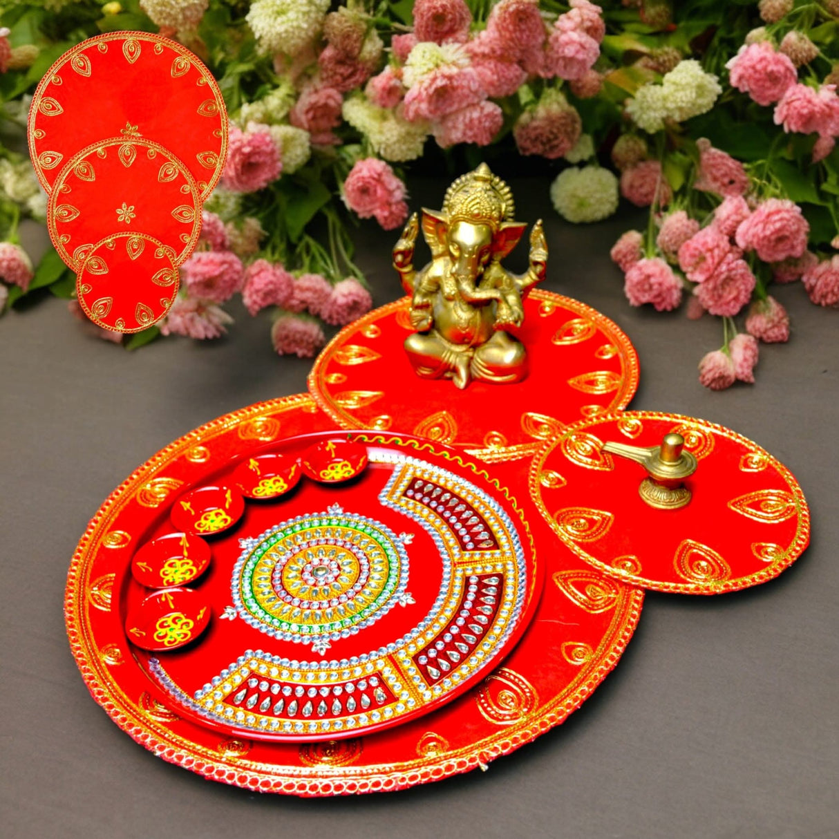Red Velvet Pooja Mat Aasan Decorative Cloth for God Goddess Idol Puja Asan Mandir Temple Home Office Decor Base Chowki Indian Festival Diwali Decorations Item - Housewarming Gift - LoveNspire