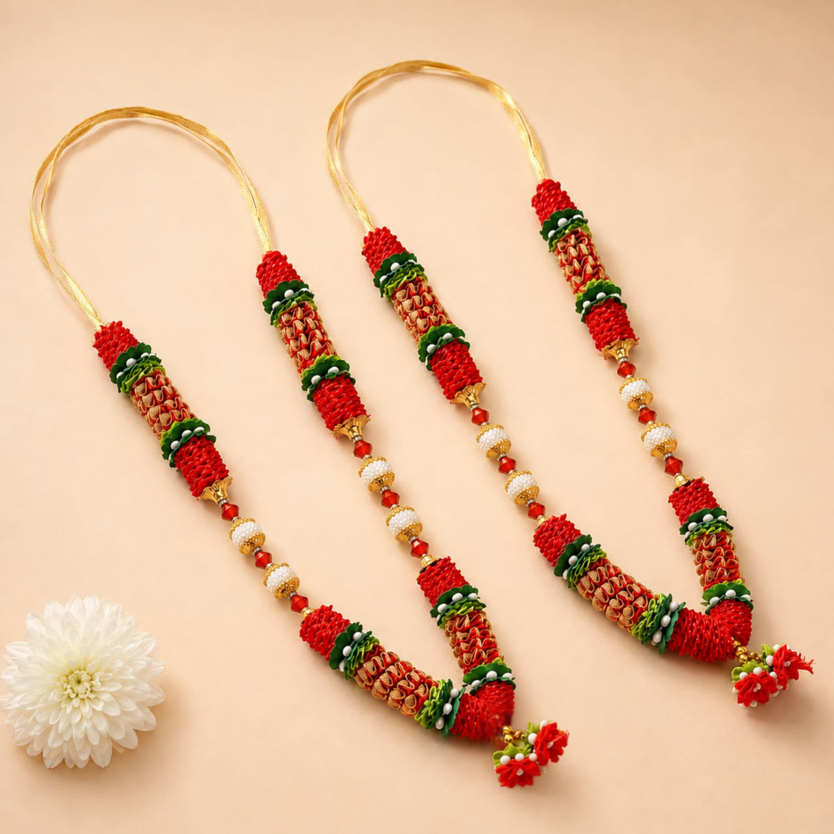 Red and green woven floral god goddess haar mala garland with gold accents satin reusable for idol pooja and temple decor
