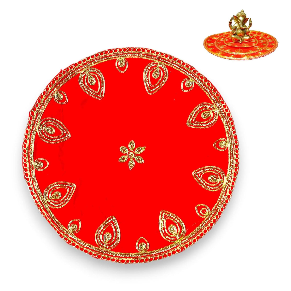 Red Velvet Pooja Mat Aasan Decorative Cloth for God Goddess Idol Puja Asan Mandir Temple Home Office Decor Base Chowki Indian Festival Diwali Decorations Item - Housewarming Gift - LoveNspire