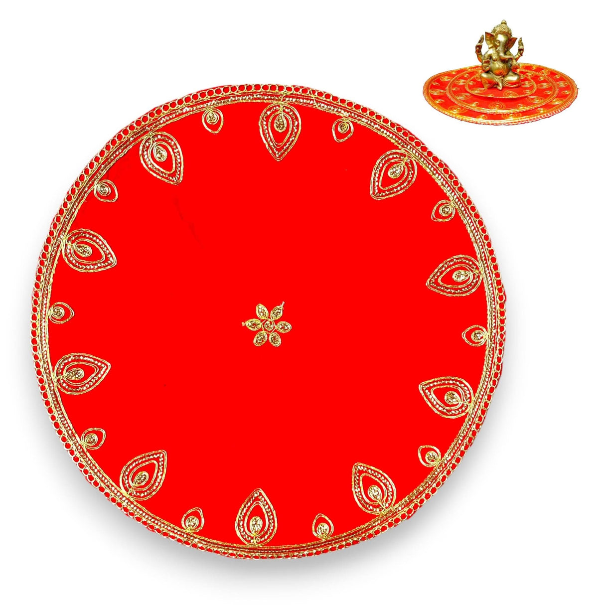 Red Velvet Pooja Mat Aasan Decorative Cloth for God Goddess Idol Puja Asan Mandir Temple Home Office Decor Base Chowki Indian Festival Diwali Decorations Item - Housewarming Gift - LoveNspire