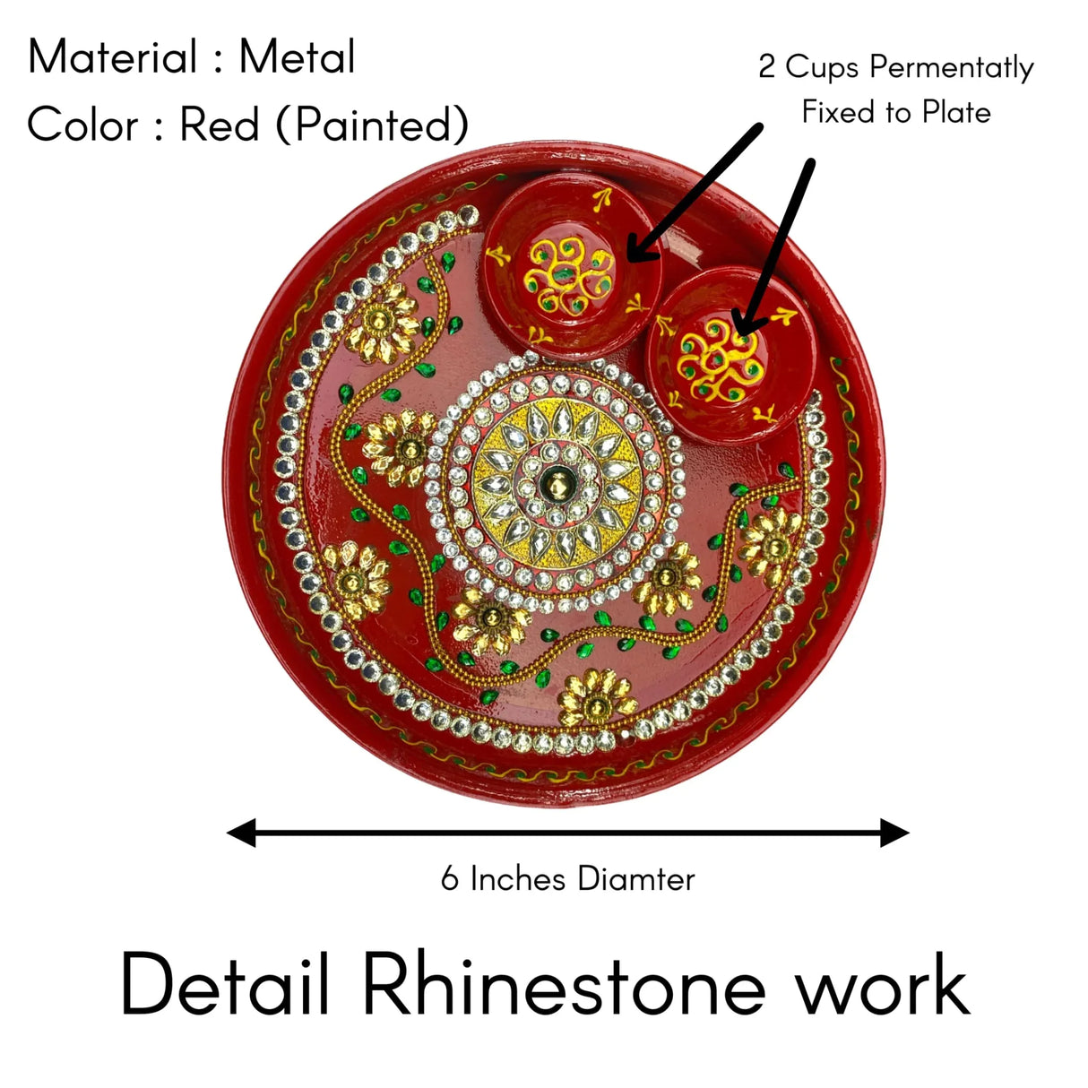 6 Inch Rhinestone Pooja Aarti Thali with Bowls Meenakari Work Red Painted Handmade Platter Haldi Kumkum Thali Ganesha Chaturthi Teej Diwali Puja Thali Housewarming Gift - LoveNspire