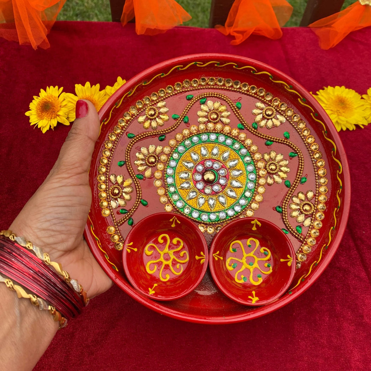 6 Inch Rhinestone Pooja Aarti Thali with Bowls Meenakari Work Red Painted Handmade Platter Haldi Kumkum Thali Ganesha Chaturthi Teej Diwali Puja Thali Housewarming Gift - LoveNspire