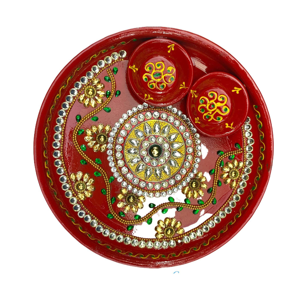 6 Inch Rhinestone Pooja Aarti Thali with Bowls Meenakari Work Red Painted Handmade Platter Haldi Kumkum Thali Ganesha Chaturthi Teej Diwali Puja Thali Housewarming Gift - LoveNspire