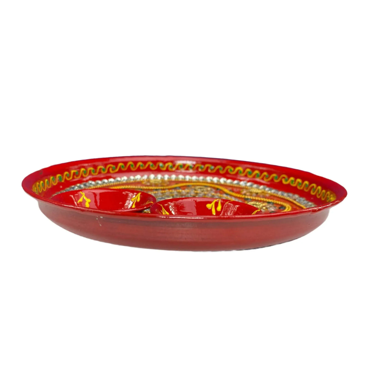6 Inch Rhinestone Pooja Aarti Thali with Bowls Meenakari Work Red Painted Handmade Platter Haldi Kumkum Thali Ganesha Chaturthi Teej Diwali Puja Thali Housewarming Gift - LoveNspire