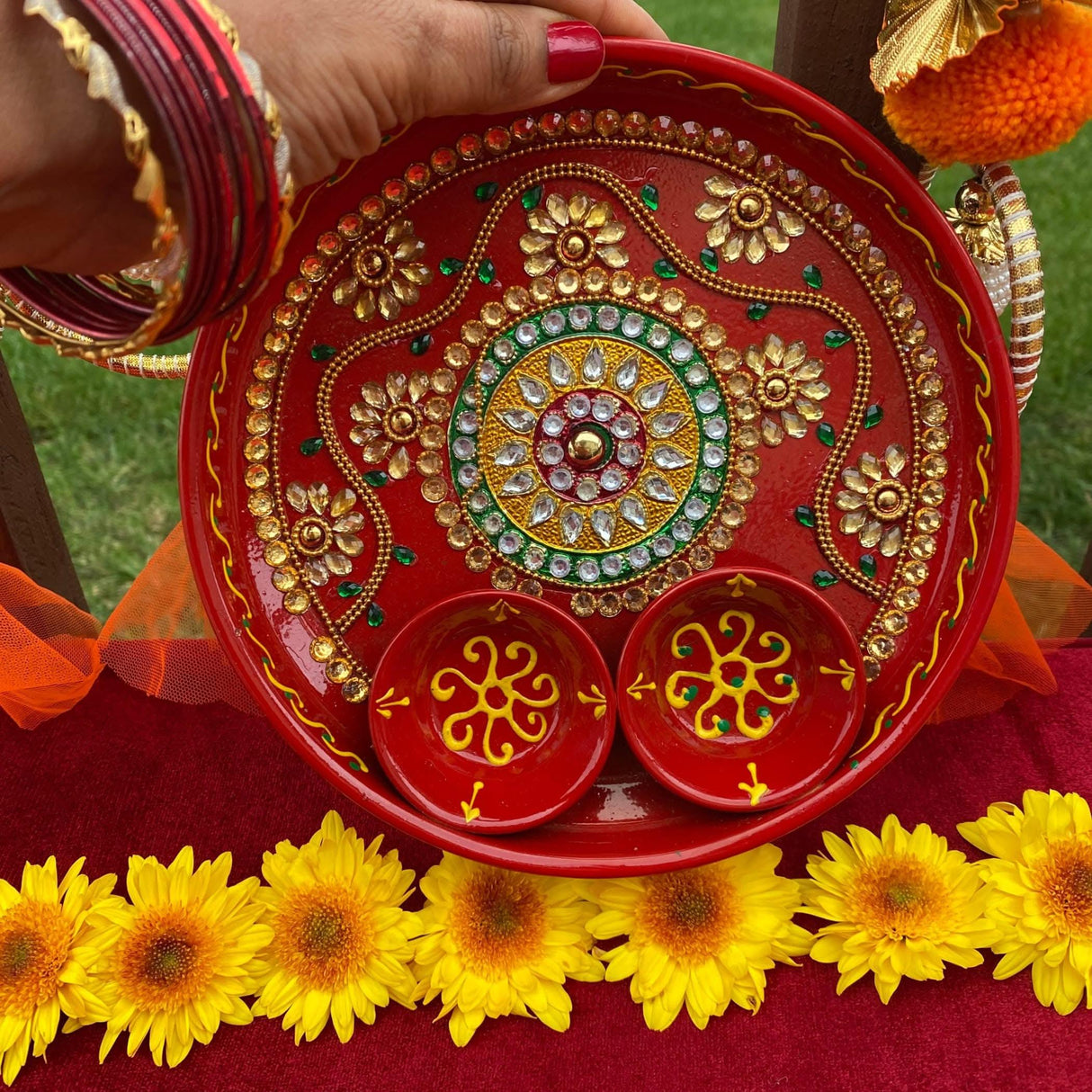 6 Inch Rhinestone Pooja Aarti Thali with Bowls Meenakari Work Red Painted Handmade Platter Haldi Kumkum Thali Ganesha Chaturthi Teej Diwali Puja Thali Housewarming Gift - LoveNspire