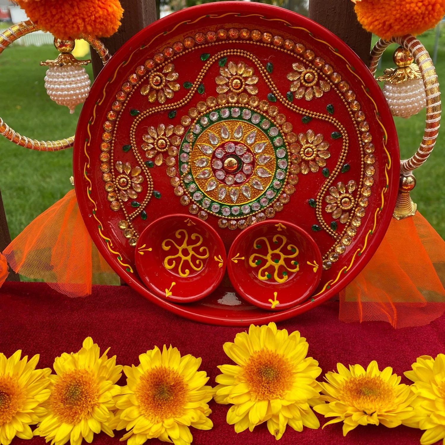 6 Inch Rhinestone Pooja Aarti Thali with Bowls Meenakari Work Red Painted Handmade Platter Haldi Kumkum Thali Ganesha Chaturthi Teej Diwali Puja Thali Housewarming Gift - LoveNspire