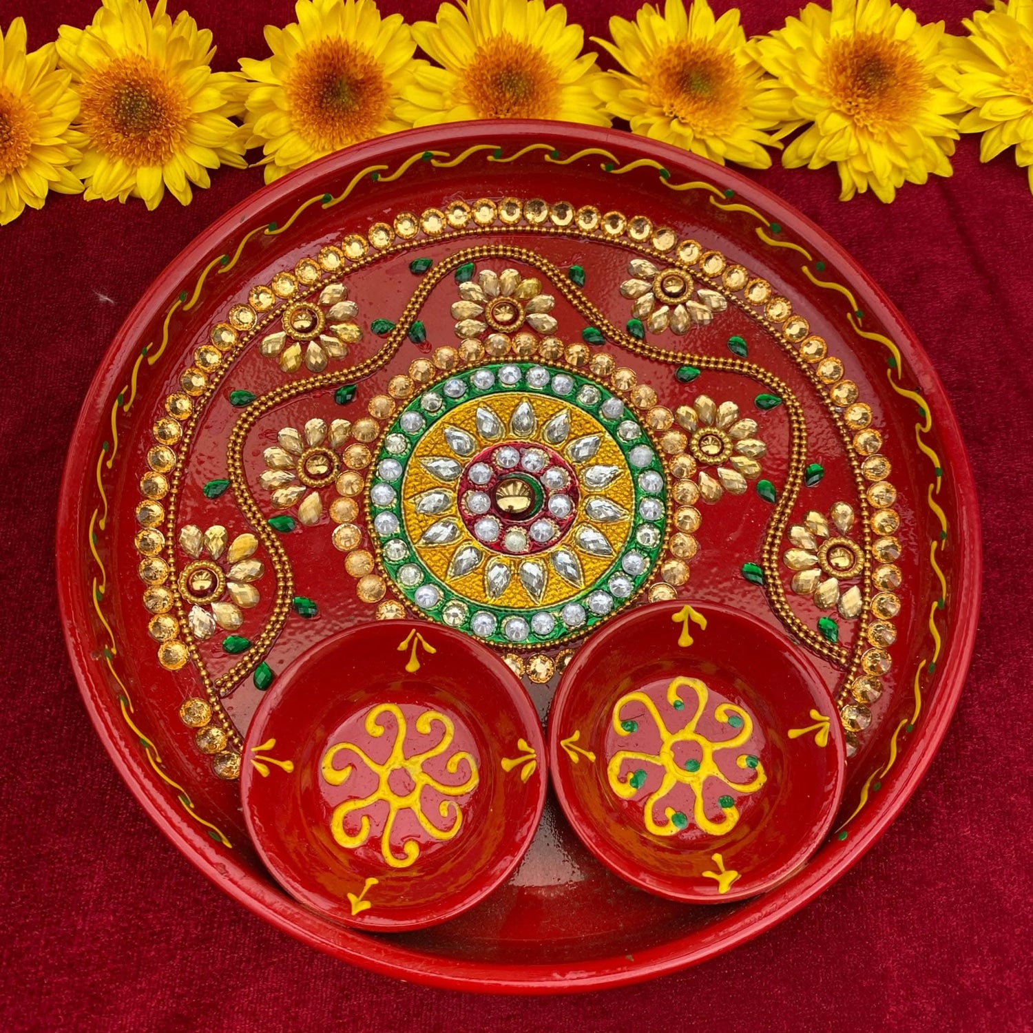 6 Inch Rhinestone Pooja Aarti Thali with Bowls Meenakari Work Red Painted Handmade Platter Haldi Kumkum Thali Ganesha Chaturthi Teej Diwali Puja Thali Housewarming Gift - LoveNspire