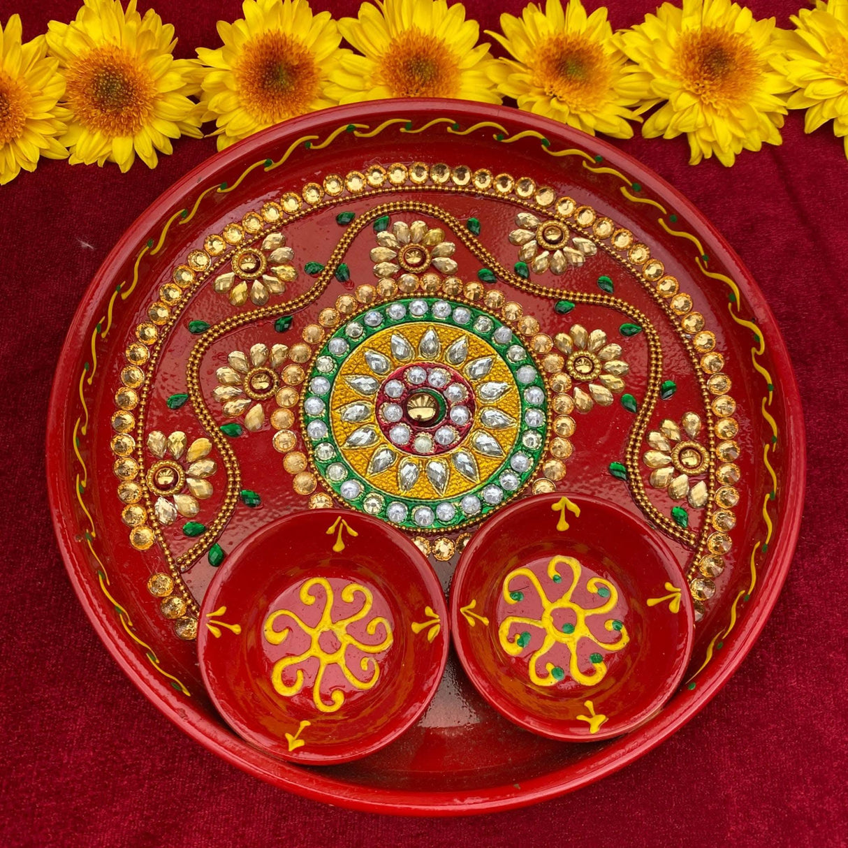6 Inch Rhinestone Pooja Aarti Thali with Bowls Meenakari Work Red Painted Handmade Platter Haldi Kumkum Thali Ganesha Chaturthi Teej Diwali Puja Thali Housewarming Gift - LoveNspire