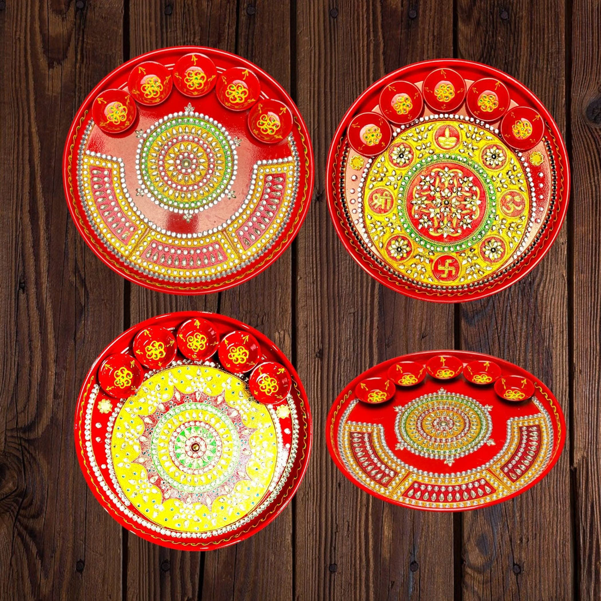 Pooja Thali with 5 Diya Bowls Rhinestone Red Painted Handmade Aarti Rituals Platter Festival Haldi Kumkum Thali Pooja Teej Diwali Wedding Engagement Plate Decorations - Housewarming Gift - LoveNspire