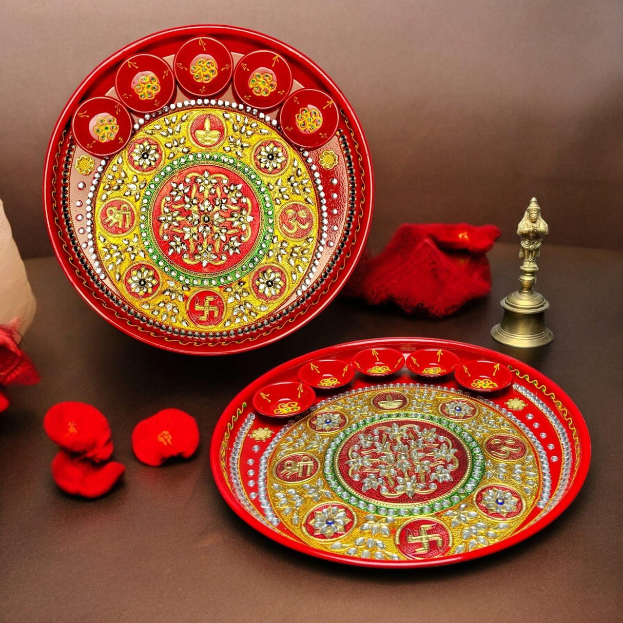Pooja Thali with 5 Diya Bowls Rhinestone Red Painted Handmade Aarti Rituals Platter Festival Haldi Kumkum Thali Pooja Teej Diwali Wedding Engagement Plate Decorations - Housewarming Gift - LoveNspire