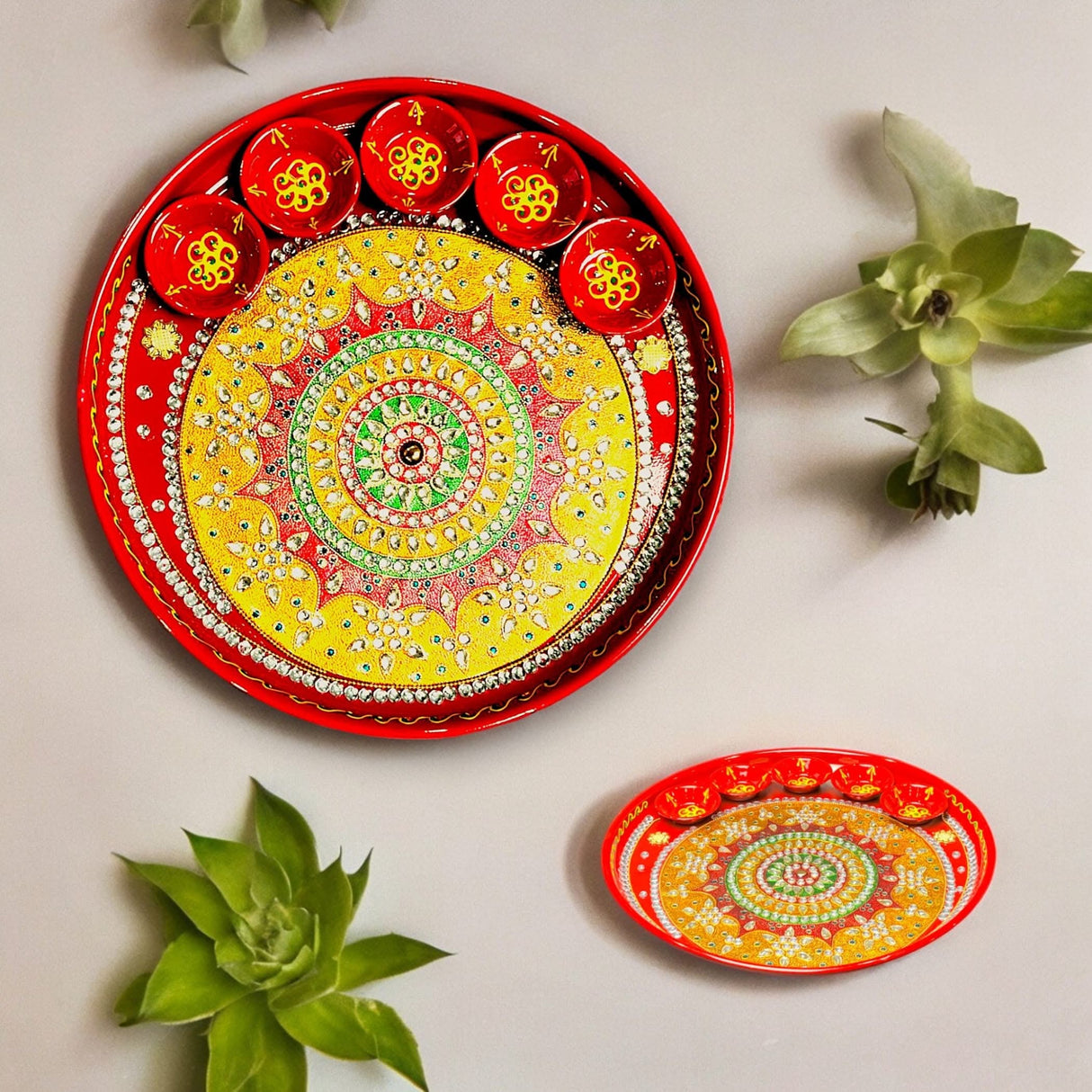 Pooja Thali with 5 Diya Bowls Rhinestone Red Painted Handmade Aarti Rituals Platter Festival Haldi Kumkum Thali Pooja Teej Diwali Wedding Engagement Plate Decorations - Housewarming Gift - LoveNspire